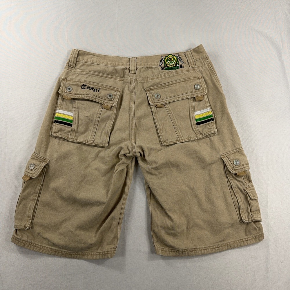 Y2K Coogi Cargo Shorts Embroidered Khaki Cotton Baggy Streetwear Mens W38